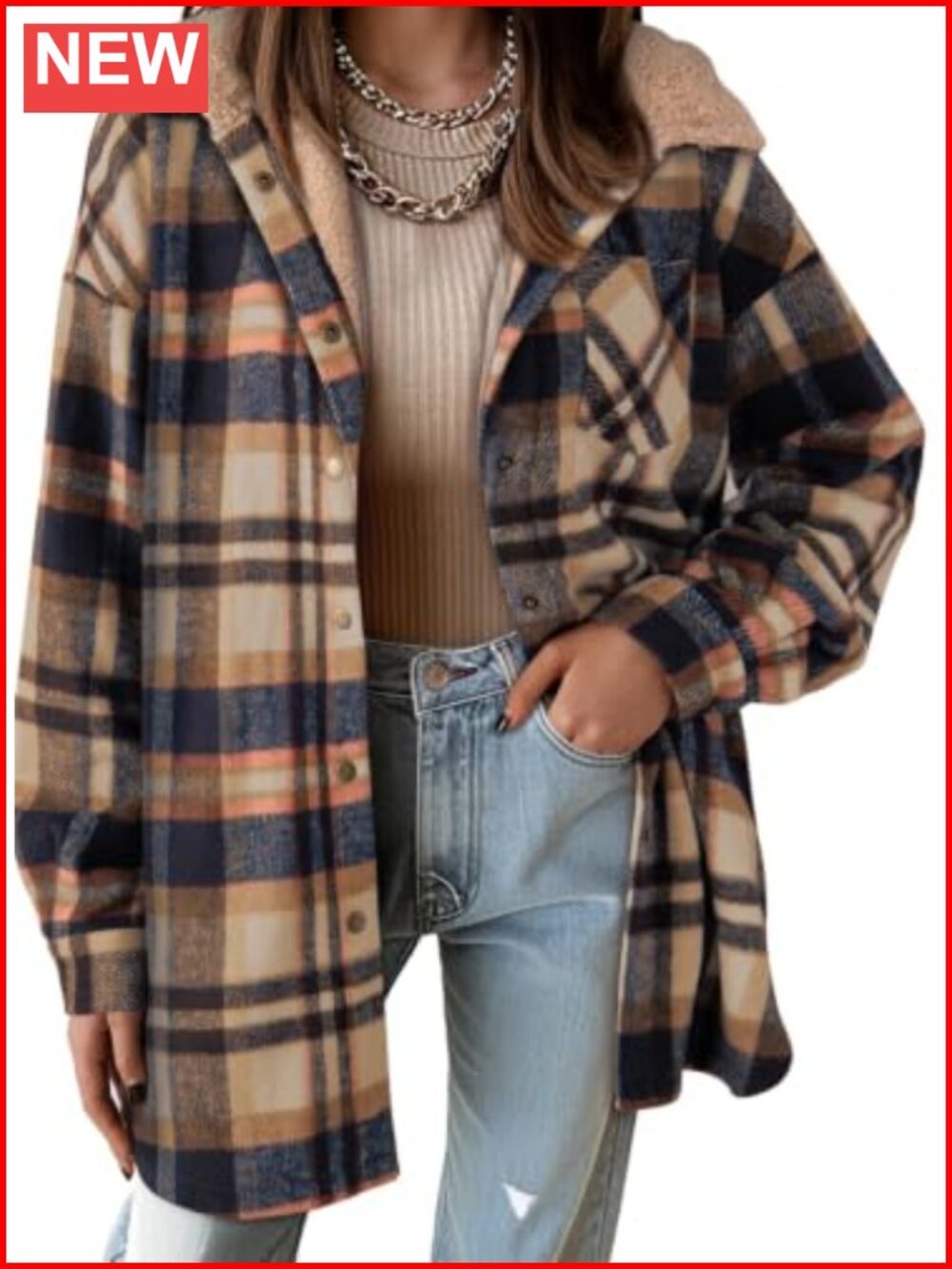 Women's Oversized Plaid Flannel Shacket with Hood, Button Down Fleece Jacket
